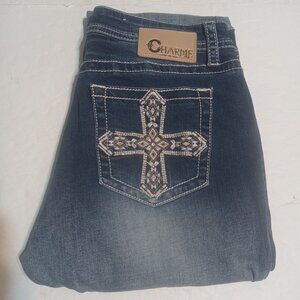 Charme Women's Bootcut Embellished Heavy Stitch Cross Pockets Jeans 30